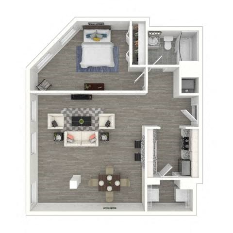 A top-down view of a house layout with a living room, kitchen, and bedrooms.